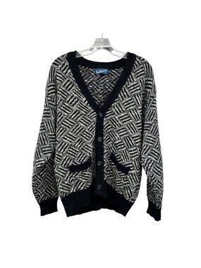 Interim Womens Knit Cardigan Sweater V-Neck Button Up Black/White Pockets M